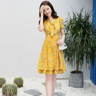 Đầm Xòe Hoa Mai Vàng 2 Lớp Cột Nơ có size XL