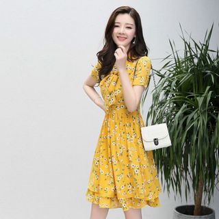 Đầm Xòe Hoa Mai Vàng 2 Lớp Cột Nơ có size XL