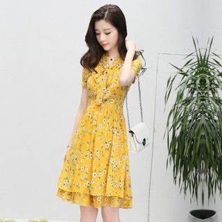 Đầm Xòe Hoa Mai Vàng 2 Lớp Cột Nơ có size XL