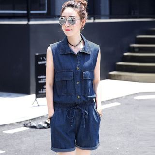 Jumpsuit Short Jean Bay Phối Túi