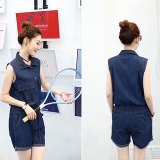 Jumpsuit Short Jean Bay Phối Túi