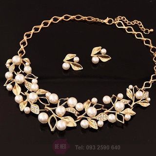 Bộ dây chuyền bông tai chiếc lá ngọc trai - BH702