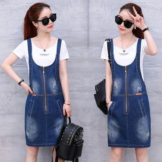 Đầm Jean Yếm Phối Dây Kéo Trước Kèm 2 Túi