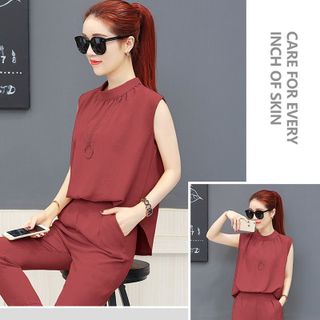 Set bộ lửng da cổ yếm phối dây kéo
