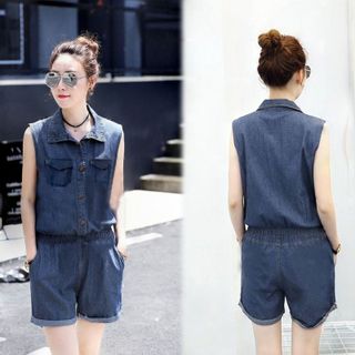 Jumpsuit Short Jean Bay Phối Túi Dây Rút