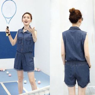 Jumpsuit Short Jean Bay Phối Túi Dây Rút