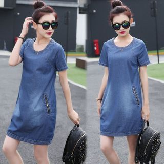 Đầm Jean Cổ Tròn Phối Túi Dây Kéo