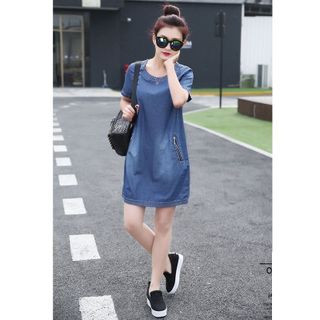 Đầm Jean Cổ Tròn Phối Túi Dây Kéo