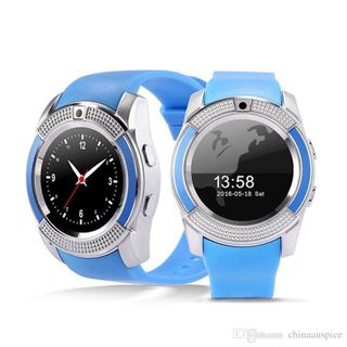 Đồng hồ thông minh có khe sim mặt tròn Smartwatch V8 xanh dương