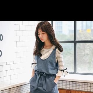 set yếm denimao sọc loe tay
