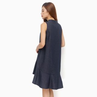Đầm cổ trụ cột nơ phối đuôi cá duyên dáng denim