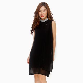 Đầm suông cổ phối viền phong cách màu đen