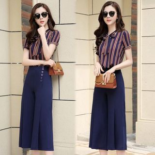 Set Bộ Công Sở Quần Xanh Đen Áo Sọc Cột Nơ