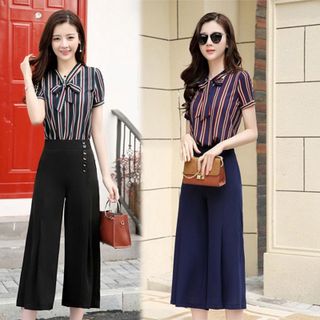 Set Bộ Công Sở Quần Xanh Đen Áo Sọc Cột Nơ