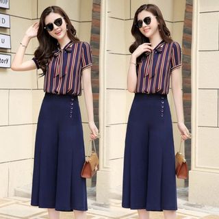 Set Bộ Công Sở Quần Xanh Đen Áo Sọc Cột Nơ