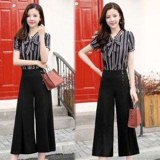 Set Bộ Công Sở Quần Đen Áo Sọc Cột Nơ