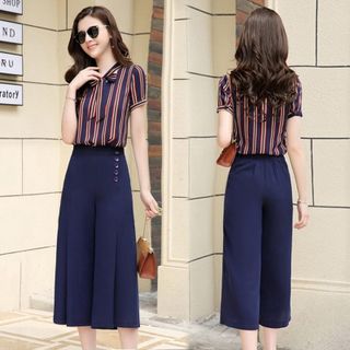 Set Bộ Công Sở Quần Đen Áo Sọc Cột Nơ