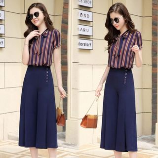 Set Bộ Công Sở Quần Đen Áo Sọc Cột Nơ