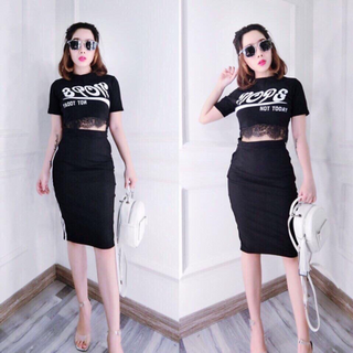 set áo crop phối ren chân váy