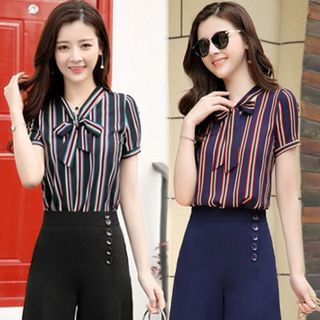 Áo sơ mi sọc nền xanh đen cột nơ duyên dáng