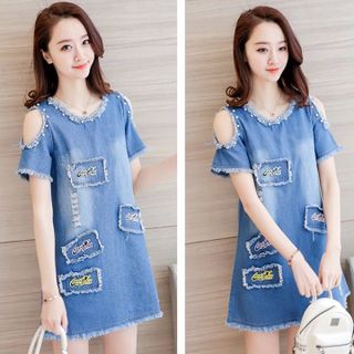 Đầm Jean Coca hở vai đính hạt