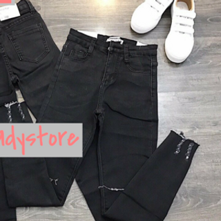 Quần jeans đen rách gối - lai tua rua