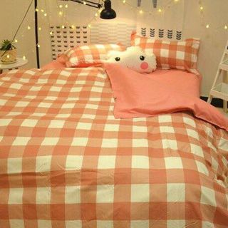 Set chăn ga gối kẻ ô hồng poly cotton