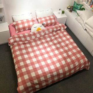 Set chăn ga gối kẻ ô hồng poly cotton