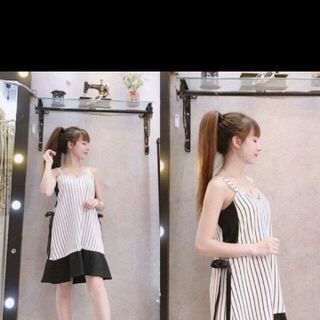 Váy kẻ hai dây xoè phối voan chất Tici