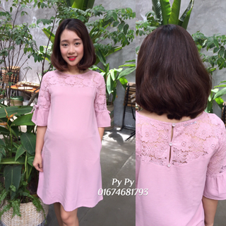 Đầm bầu hồng pha ren