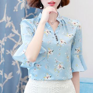 Áo kiểu voan hoa tay loe cổ trụ