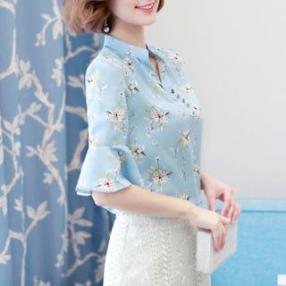 Áo kiểu voan hoa tay loe cổ trụ