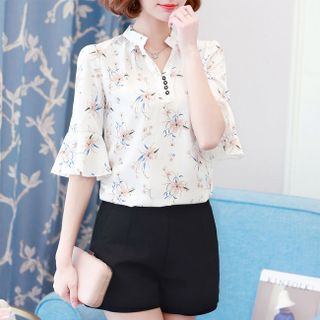 Áo kiểu voan hoa tay loe cổ trụ