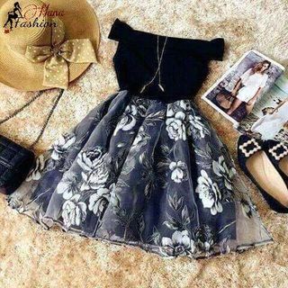 Đầm Xòe Bẹt Vai Hoa Kiếng