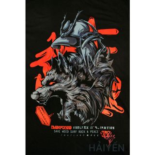 Áo thun OverDose Thái Lan màu đen in hình đầu sói đội mũ Samurai T0103