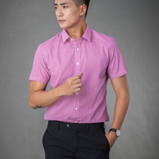 Sơ mi ngắn tay kẻ caro nhỏ hồng MSM1073