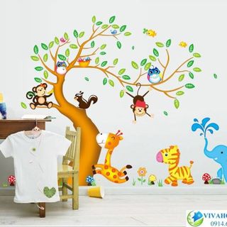 Decal dán tường vườn thú lá xanh giá sỉ