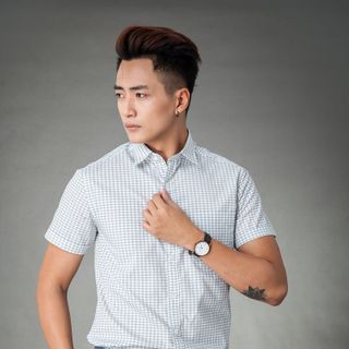 Sơ mi ngắn tay có túi xanh họa tiết MSM1084