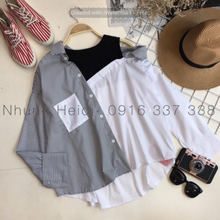 Áo sơmi phối thun lệch vai
