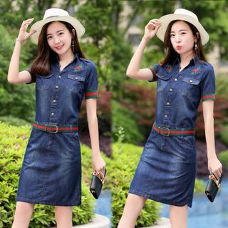 Đầm jean cổ trụ thêu hoa hồng tặng kèm nịt Guci