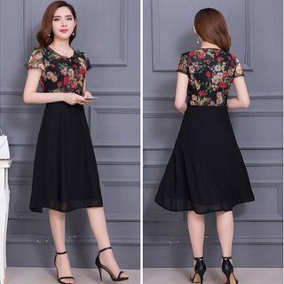 Đầm xòe chiffon in 3D hoa mùa thu phối ren