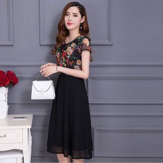 Đầm xòe chiffon in 3D hoa mùa thu phối ren