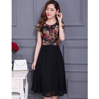 Đầm xòe chiffon in 3D hoa mùa thu phối ren