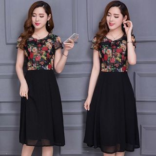 Đầm xòe chiffon in 3D hoa mùa thu phối ren