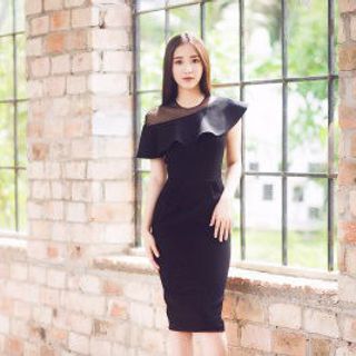 Đầm body đen vai phối lưới chấm bi 2129