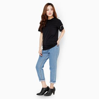 Áo thun nữ phối dây kéo phong cách màu đen