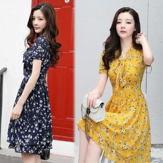 Đầm Xòe Hoa Mai Xanh Đen 2 Lớp Cột Nơ