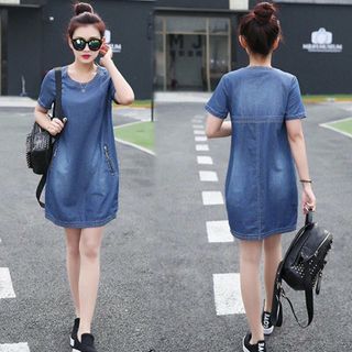 Đầm Jean Cổ Tròn Phối Túi Dây Kéo Thời Trang