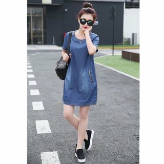 Đầm Jean Cổ Tròn Phối Túi Dây Kéo Thời Trang