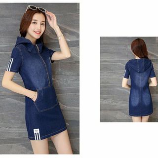 Đầm jean nón thêu 5 phối túi và dây kéo trước
